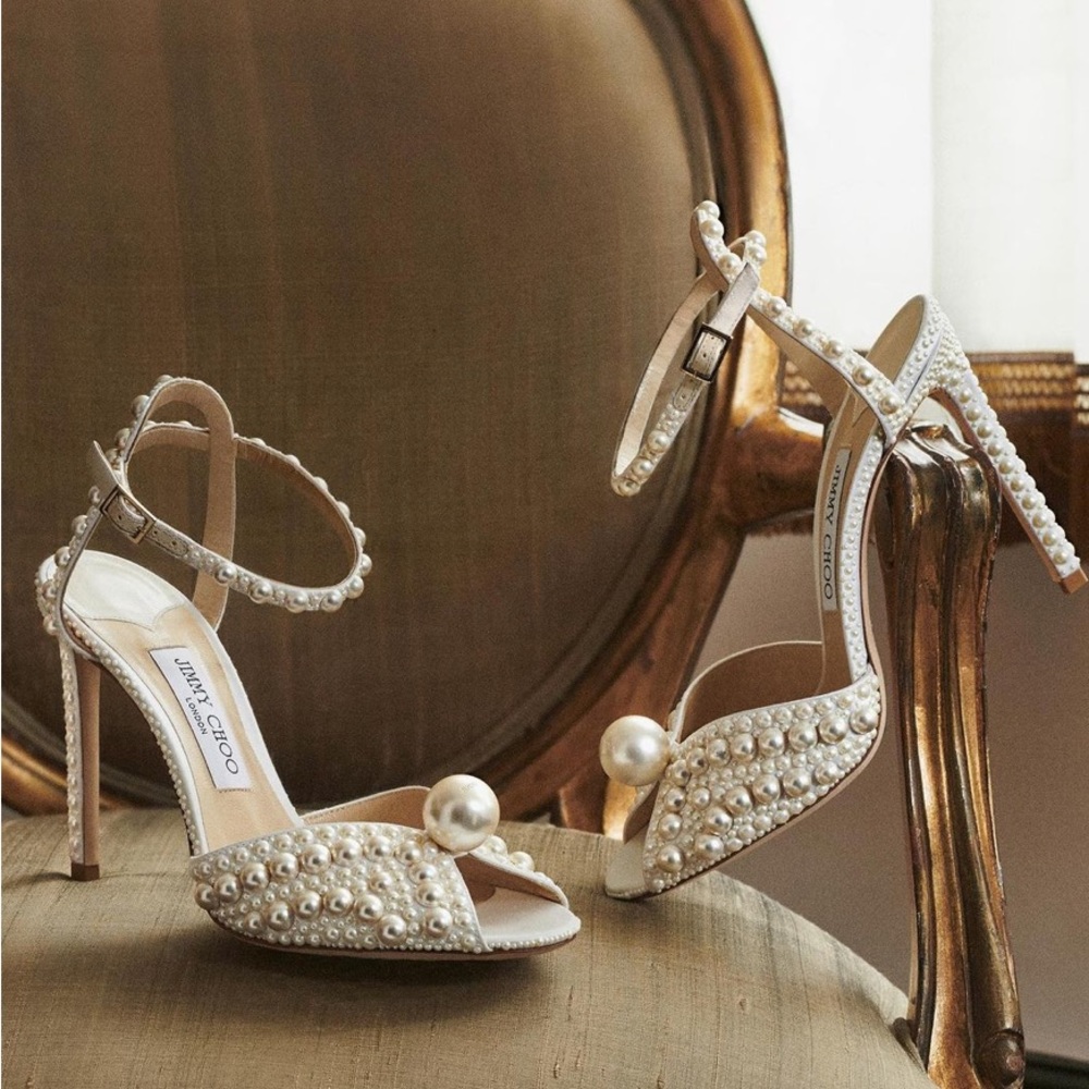 New Jimmy Choo Sacora 100 White Satin Sandals with All Over Pearls 36 - Picture 4 of 17